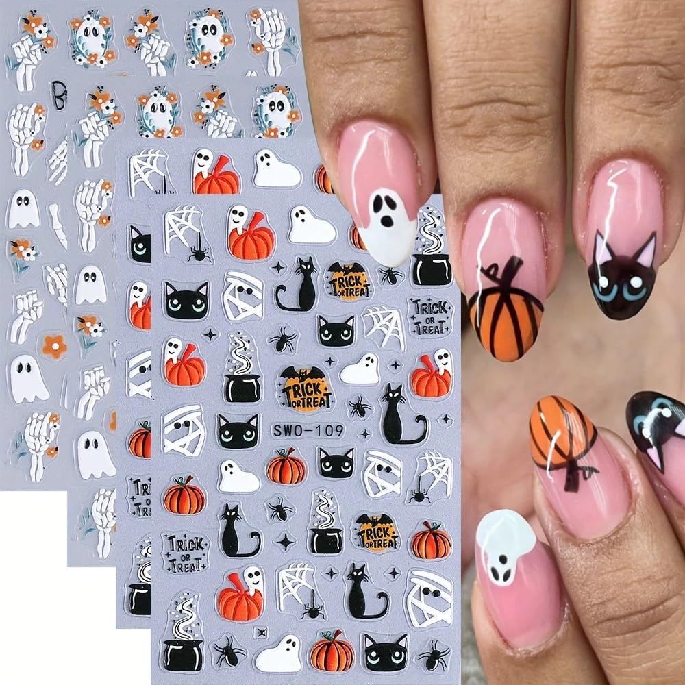 4 Sheets Halloween Nail Stickers for Nail Art Scary Black Cat Mummy Spider Web Nail Art Stickers 5D Spider Pumpkin Nail Decals Self-Adhesive Ghost Skeleton Nail Supplies for Women Nails Decoration-Velvo Beauty