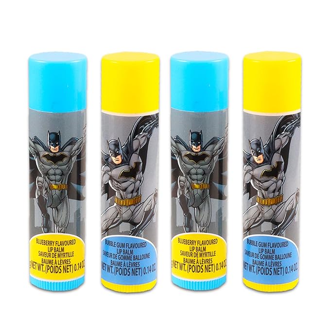 Batman Lip Balm Tube Bundle for Kids – 4 Pack of Batman Lip Balm in Assorted Flavors Plus Stickers for Boys and Girls | Batman Party Favors-Velvo Beauty