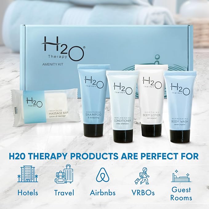 H2O Therapy Amenity Kit | Boxed Hotel Toiletries | Bulk Set 0.85 oz Travel Size Shampoo, Conditioner, Lotion, Body Wash & Body Bar Soap for Guest Hospitality AirBnB/Vacation Rentals | 1 set per case-Velvo Beauty
