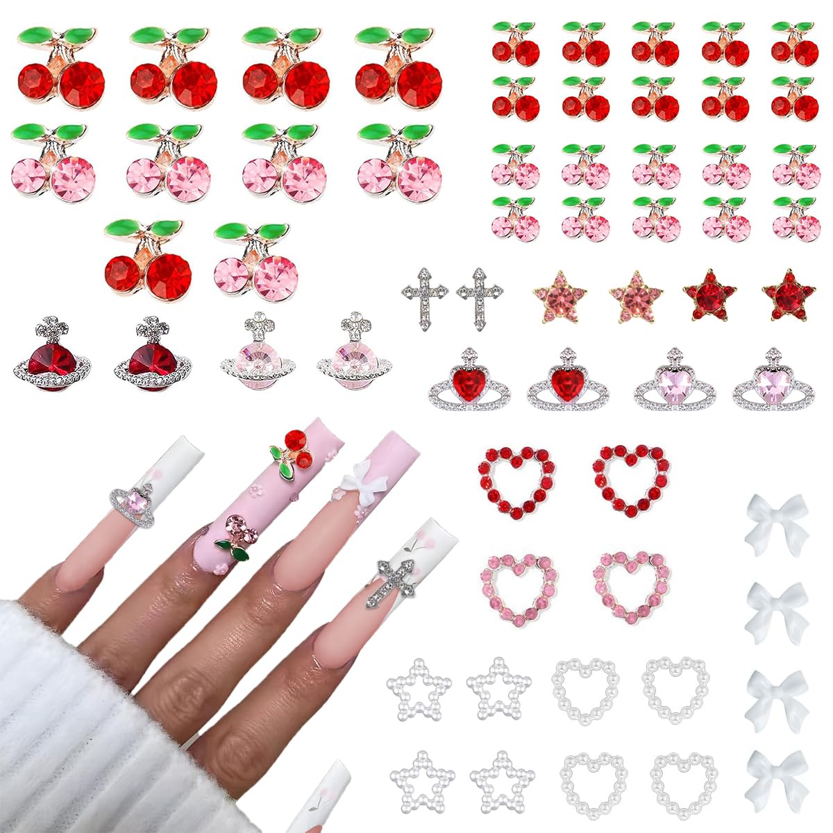 60Pcs Nail Charms Rhinestone Red Pink Cherry Nail Art Gems Star Heart Planet Nail Jewelry Decorations Saturn Shape Acrylic Nail Accessories for Women Girl DIY Crafts Supplies-Velvo Beauty