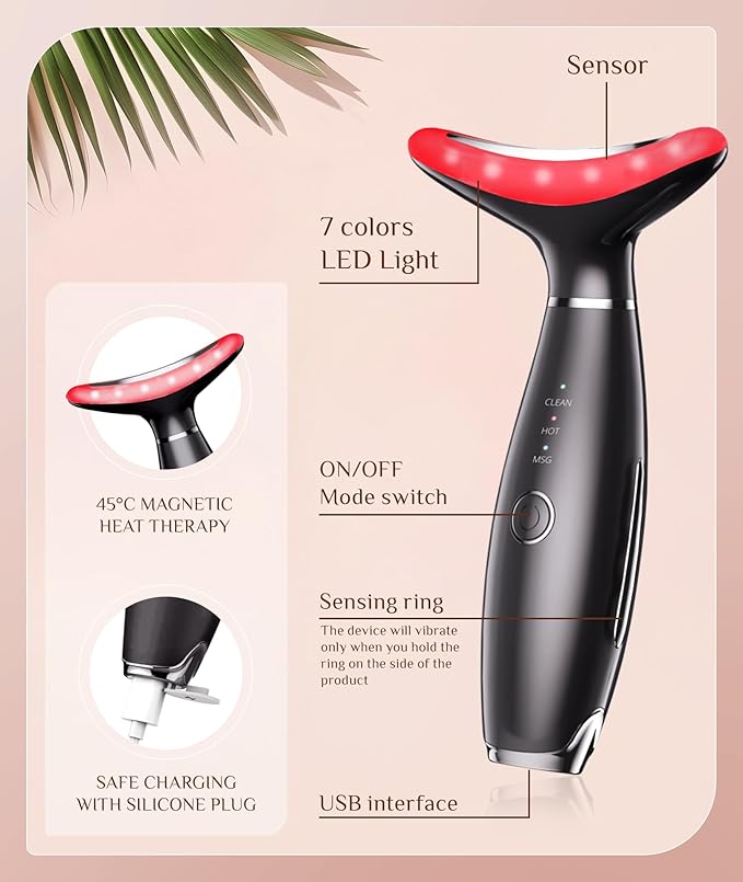 7 Color Galvanic Machines - Red Light Therapy for Face and Neck, Face Massager Tool for Wrinkles, Double Chin, Vibrating Facial Massager with Thermals, Black-Velvo Beauty