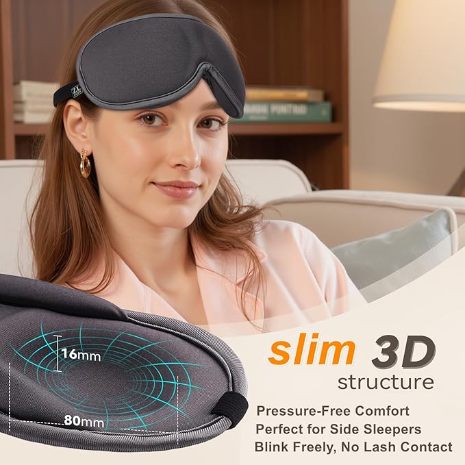 Slim 3D Sleep Mask for Side Sleepers, Blackout Sleeping Mask for Men, Women & Girls, Zero Eye Pressure, Ultra Soft Eye Masks for Sleeping, Perfect for Travel, Nap, Meditation, Airplane (Gray)-Velvo Beauty