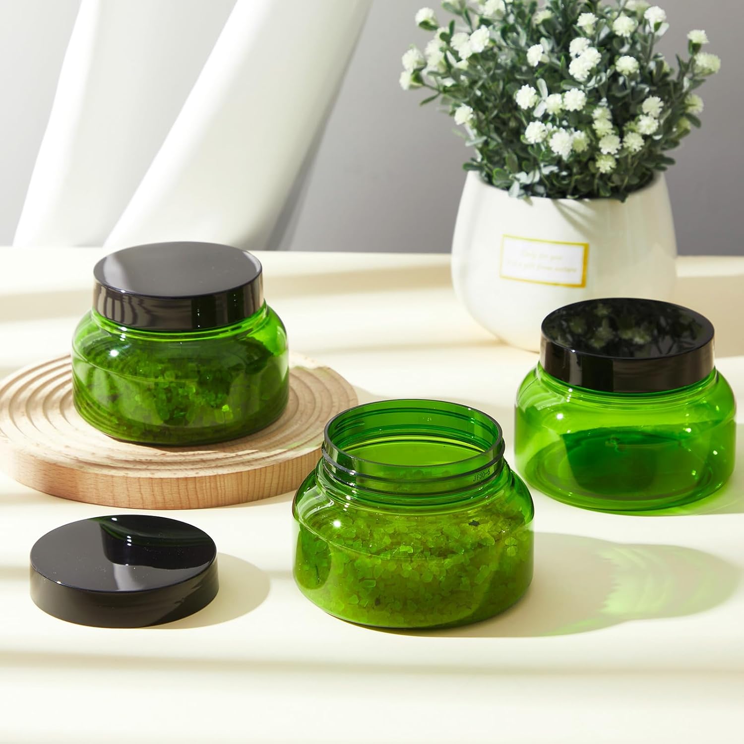 Tessco 24 Pack Plastic Jars with Lids Labels Empty Clear Plastic Jars Round Refillable Cosmetic Containers Body Butter Containers Bulk Sugar Scrub Bottle for Make Up(8 oz,Green, Black)-Velvo Beauty