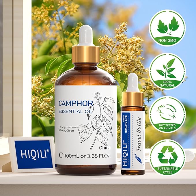 HIQILI 100ML Camphor Essential Oil Pure, 100% Undiluted for Skin, Diffuser, Aromatherapy - 3.38 Fl Oz-Velvo Beauty