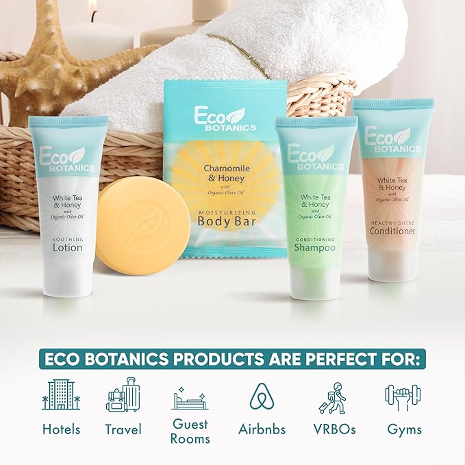 Eco Botanics Hotel Soaps and Toiletries Bulk Set | 1-Shoppe All-In-Kit Amenities for Hotels & Airbnb | 0.85 oz Hotel Shampoo, Conditioner & Lotion, 0.89 oz Bar Soap Travel Size | 200 Pieces-Velvo Beauty