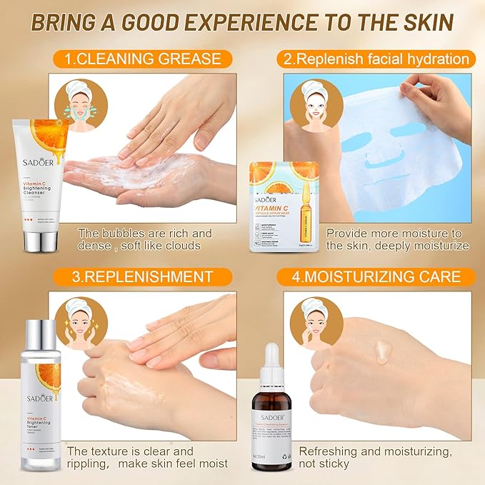 10 Pcs Skin Care Sets Face Care Set for Women Includes 1 Pcs Cleanser, Toner, Lotion, Eye Cream, Serum, Face Cream, Lip Balm and 3 Facial Masks Skincare Gift for Girls (Vitamin C)-Velvo Beauty