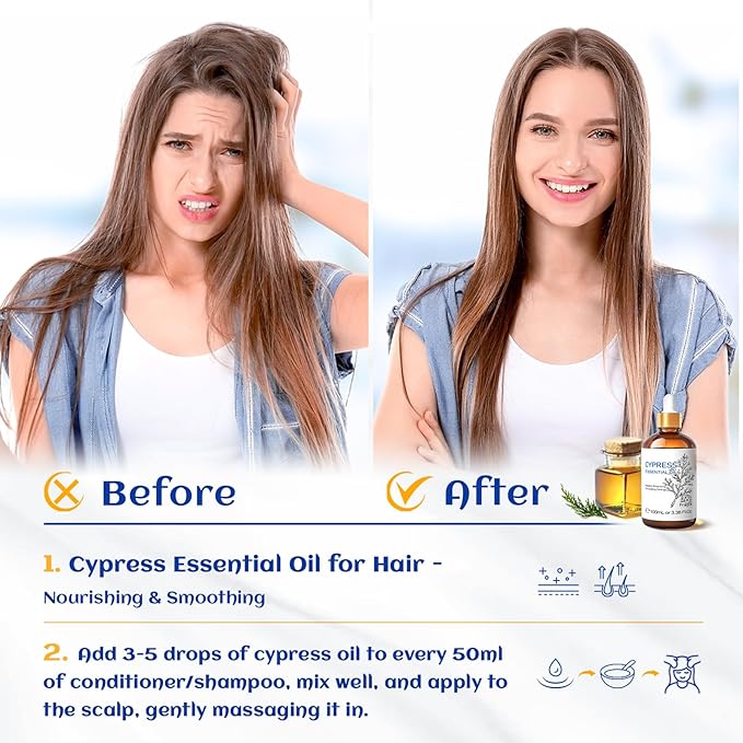 HIQILI 100ML Cypress Essential Oil, 100% Natural for Diffuser, Skin Care, Includes 10ML Travel Bottle - 3.38 Fl Oz-Velvo Beauty