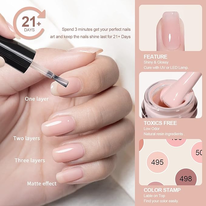 RARJSM Nude Gel Polish Set Jelly Pink Collection of 6 Transparent Natural Colors Sheer Pink Milky Mavue Purple Light Brown French Manicure LED UV Gel Nail Polish Soak Off Curing Requires Home Salon-Velvo Beauty