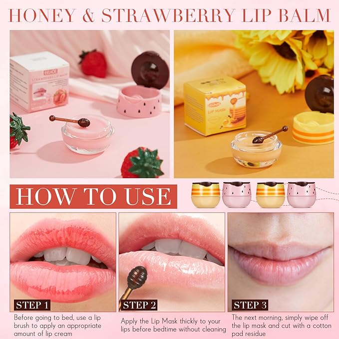 12 Pcs Bee Lip Balm Honey Pot with Brush Propolis Lip Mask Overnight, Moisturizing Hydrating Lip Sleeping Mask Prevention Dry and Cracked(Honey+Strawberry)-Velvo Beauty