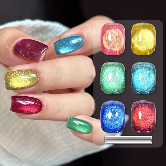 Born Pretty Cat Magnetic Eye Gel Nail Polish Spring Summer Neon Shimmer Glitter Holographic Aurora Rainbow Cat Magnetic Gel Polish Nail Art Manicure DIY at Home 6PCS-Velvo Beauty