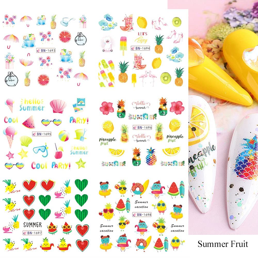 Summer Nail Art Stickers Decals, 12 Sheets of Fruit Hawaii Design Water Transfer Nail Slider Tattoos Holographic Colorful Pineapple Watermelon Pattern Acrylic Nail Art for Summer DIY Nail Decoration-Velvo Beauty