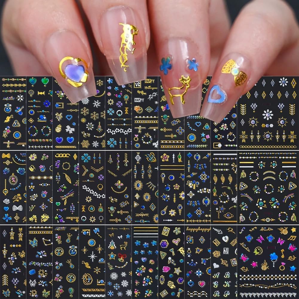 30 Sheets Gem Star Nail Stickers 3D Self Adhesive Luxury Blue Gems Theme Nail Art Charms Sticker Decals for Crafts Supplies Accessories (ST-BG)-Velvo Beauty