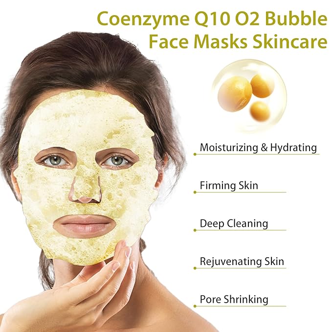 10 Sheets Coenzyme Q10 O2 Bubble Masks for Face, Bubble Face Mask Skincare for All Skin Types, Deep Cleansing Moisturizing Facial Mask Skin Care for Pores, Firming, Purifying, Sheet Masks for Spa-Velvo Beauty