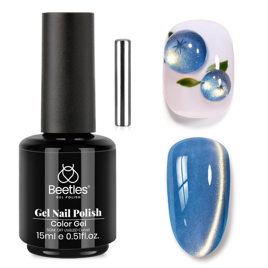 Beetles Blue Cat Eye Gel Nail Polish - Frosted Sapphire Cat Eye Gel Polish, 15ML Gold Powder Blue Glitter Fall Gel Polish Magnetic Shimmer Effect Soak Off UV Nail Art Design Manicure Gifts for Women-Velvo Beauty
