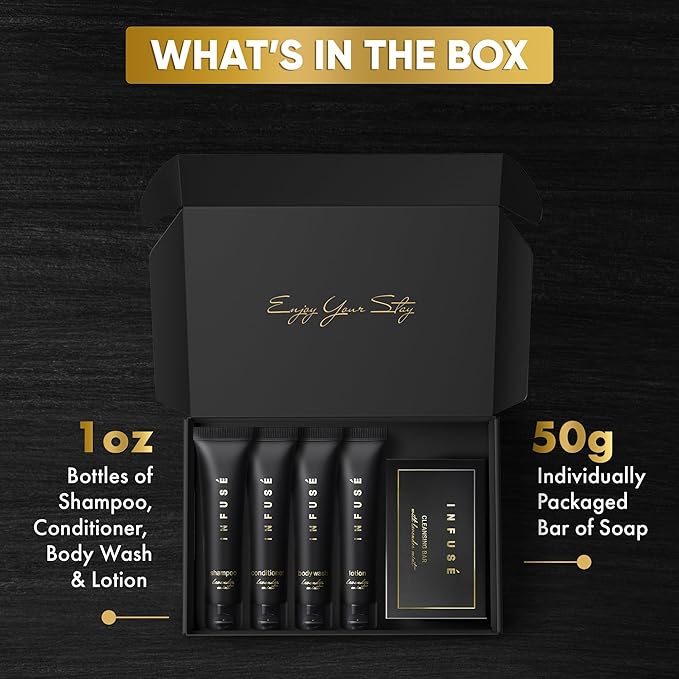 Infuse Black Amenity Kit | Boxed Hotel Toiletries | Bulk Set 1 oz Travel Size Shampoo, Conditioner, Lotion, Body Wash & Cleansing Bar for Guest Hospitality AirBnB/Vacation Rentals | 1 set per case-Velvo Beauty