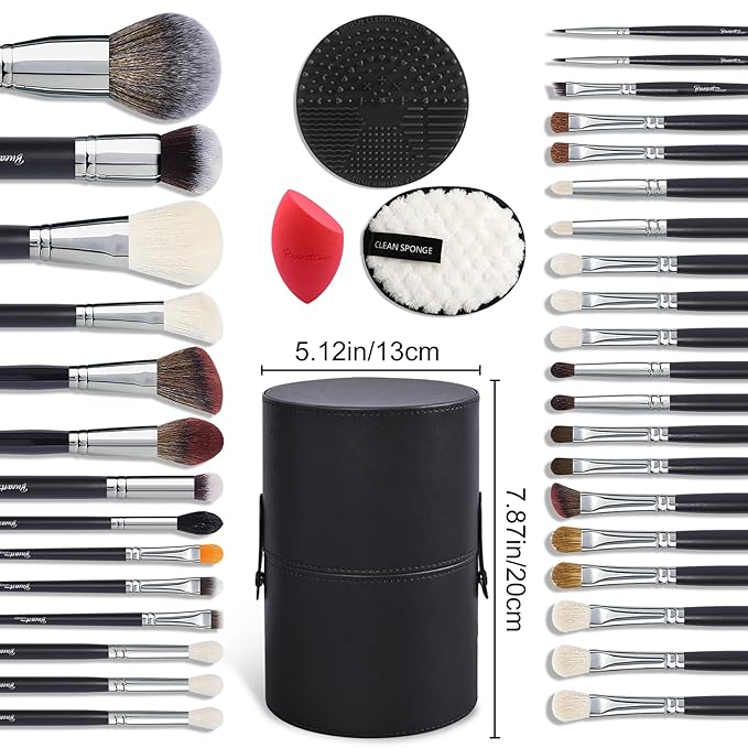 Bueart Design Pro makeup Artist 34Pcs Deluxe Real Goat Hair Horse hair Makeup Brushes Set with extra Large Holder High End Professional labeled makeup brush set with natural Pony Hair-Velvo Beauty