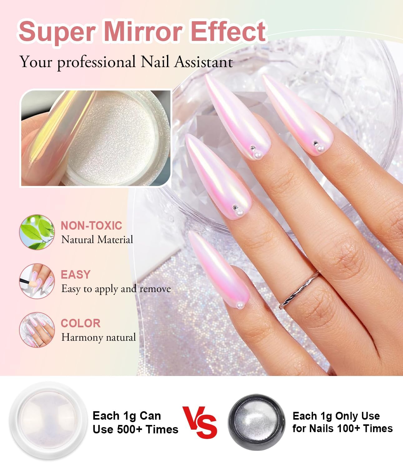 White Pearl Chrome Nail Powder BISHENGYF: Iridescent Aurora Mermaid Powder Metallic Mirror Effect Pigment Holographic Mirror Effect Chrome Powder for Nails-Velvo Beauty
