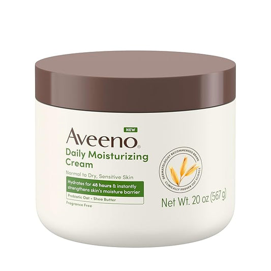Aveeno Daily Moisturizing Cream with Prebiotic Oat & Shea Butter for Body, Face & Hands Moisturizer Cream, Hydrates Normal to Dry, Sensitive Skin, Fragrance Free, Non-Comedogenic, 20 oz-Velvo Beauty