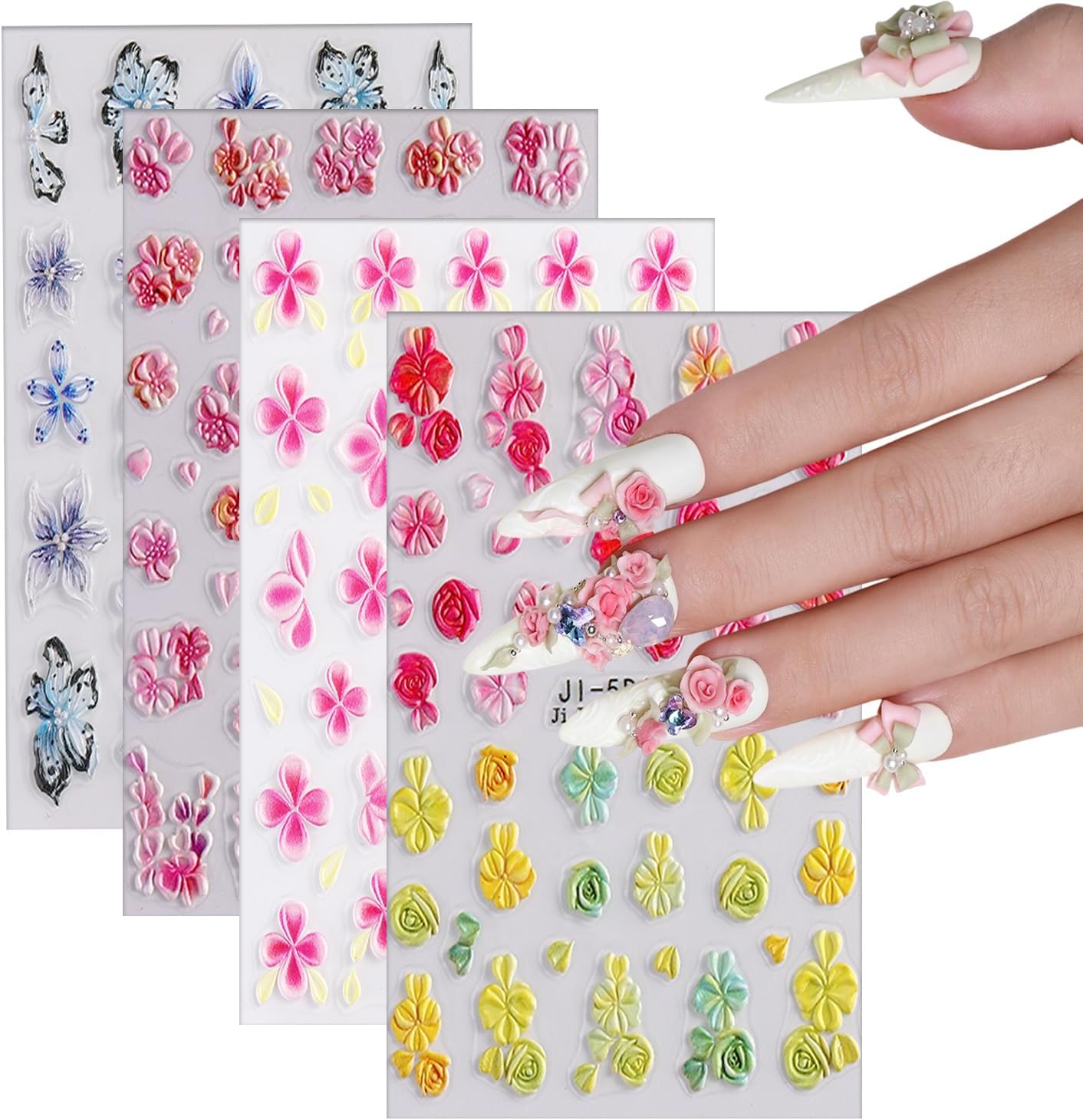 4 Sheets 5D Flower Nail Art Sticker Stereoscopic Floral Self-Adhesive Nails Stickers Blossom Nail Art Decals Holographic Flowers Decal for Women Pink Blue Red Manicure Stickers DIY Nails Supplies-Velvo Beauty