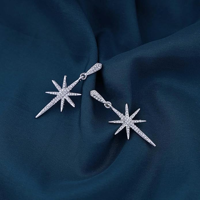 Vintage Crystal Northstar Dangle Earrings Rhinestone Northstar Studs Earrings Gold Cz Star Drop Earrings Sparkly Cz Starburst Earrings Jewelry for Women-Velvo Beauty