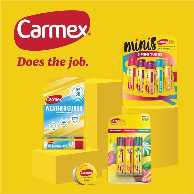Carmex Daily Care Moisturizing Lip Balm Pack, SPF 15, Strawberry & Cupcake Batter Flavor Variety Pack Bag, 9 Count (7 Sticks, 2 Tubes)-Velvo Beauty