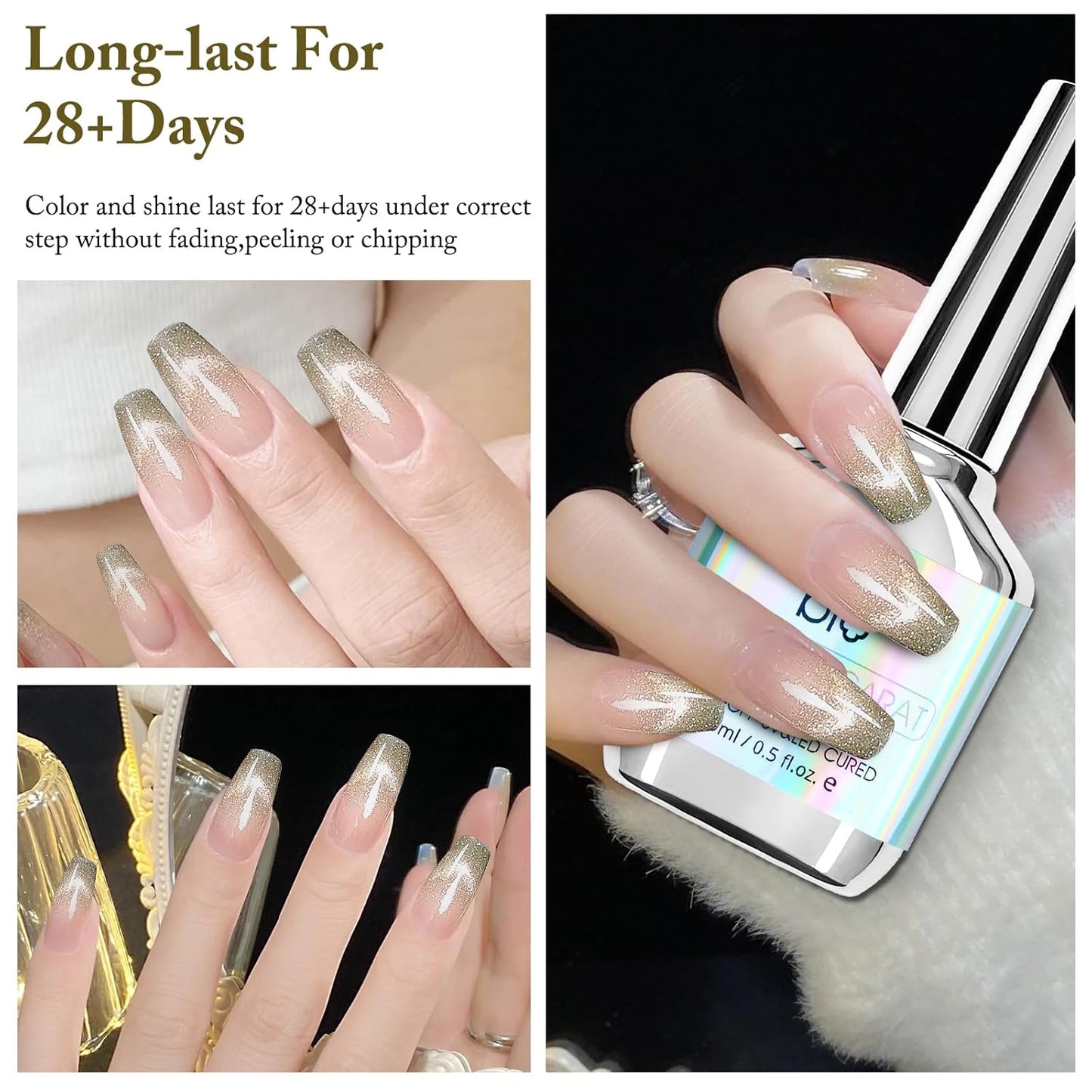 Cat Eye Gel Nail Polish with Magnet Stick, 15ml Glitter Holographic Nail Polish, Magnetic Effect Gel for Home DIY Manicure Gift, Brown Gold-Velvo Beauty