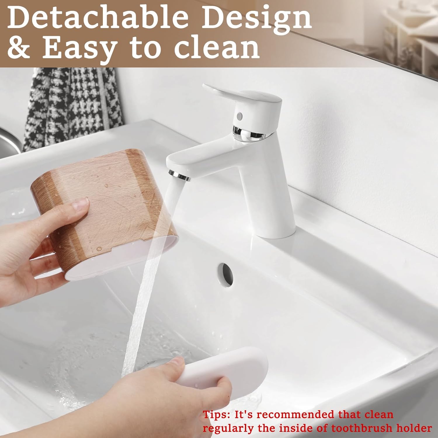 Toothbrush and Toothpaste Holder with Divider for Bathroom Countertop Organizer, 2 Slots Electric Toothbrush Holders Storage Caddy Drainage for Family, Kids(Wood Grain)-Velvo Beauty