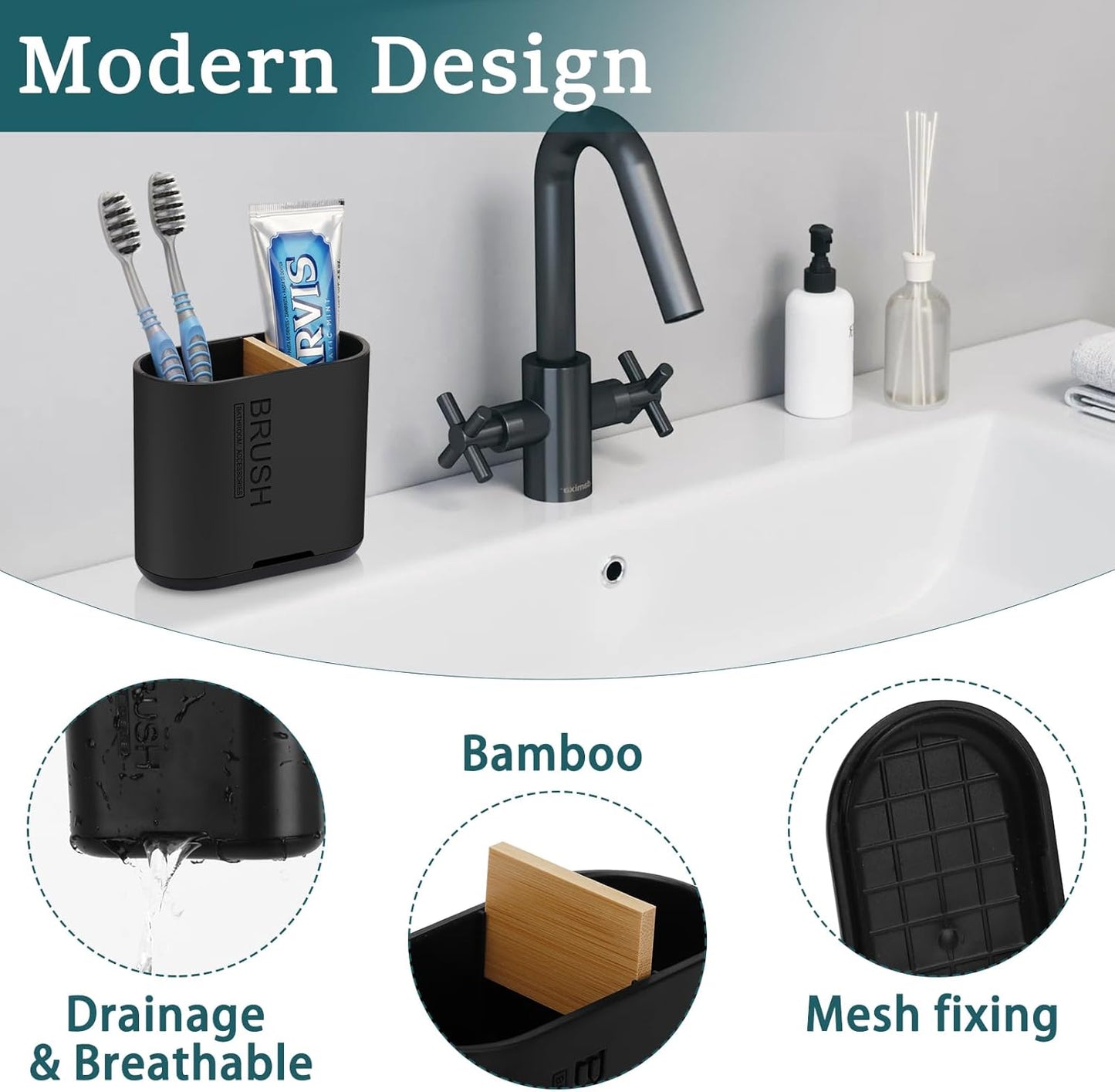 Toothbrush and Toothpaste Holder with Bamboo Divider for Bathroom Countertop Organizer, Detachable for Easy Clean, 2 Slots Electric Toothbrush Holders Storage Caddy Drainage for Family-Black-Velvo Beauty