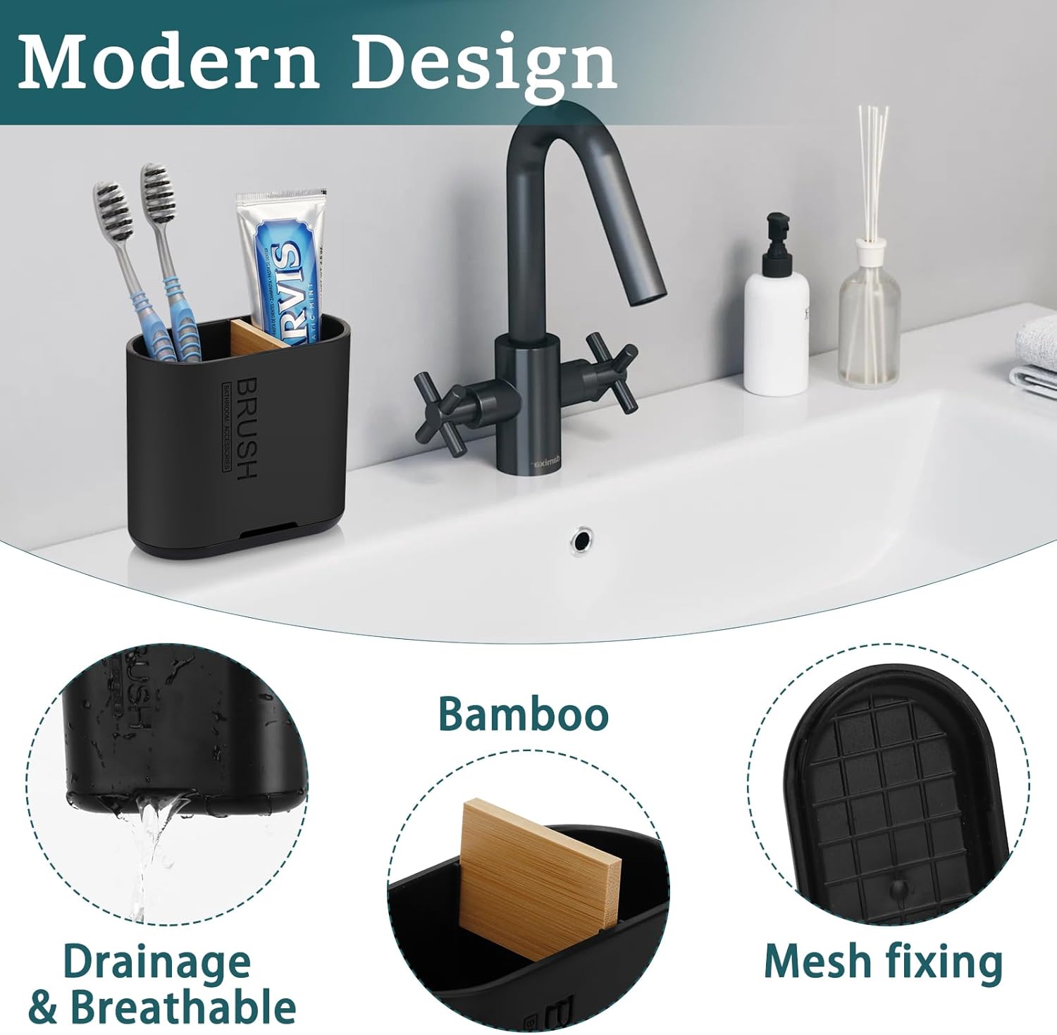 Toothbrush and Toothpaste Holder with Bamboo Divider for Bathroom Countertop Organizer, Detachable for Easy Clean, 2 Slots Electric Toothbrush Holders Storage Caddy Drainage for Family-Black-Velvo Beauty