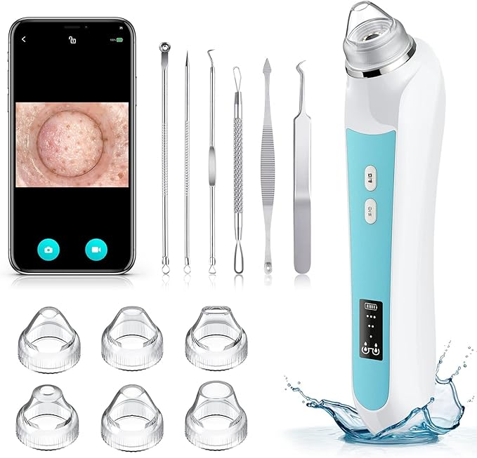 Facial Pore Blackhead Remover Vacuum, 1080P Camera Blackhead Remover, 20x Zoom, 8 LEDs ＆ 3 Suction Modes, 800mAh Battery & USB - 6 Heads Pore Cleaner Kit for Women&Men(Blue)-Velvo Beauty
