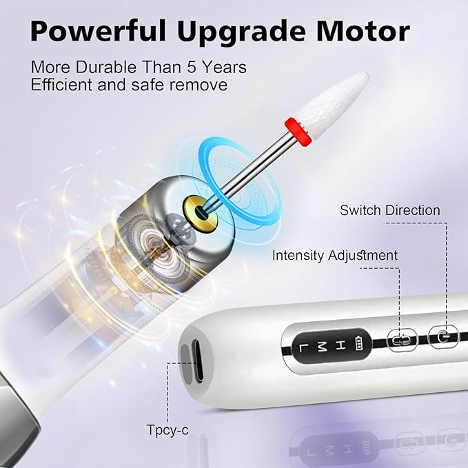 Electric Nail Drill File Cordless,Portable Rechargeable Nail File Kit for Acrylic & Gel Nails,Professional Efile for Manicure Pedicure Polishing,with 12 Nail Drill Bits 31 Sanding Bands,White-Velvo Beauty