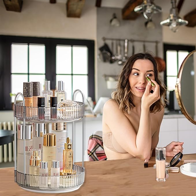 360 Rotating Makeup Organizer for Vanity,Bathroom Countertop Organizer,Spinning Perfume Organizer&Vanity Organizer(Grey-2 Tier)-Velvo Beauty