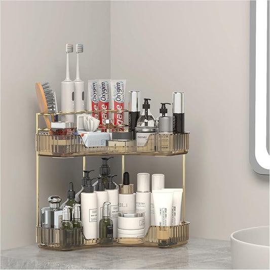 Corner Bathroom Counter Organizer with Top Toothbrush Holders, 2-Tier Make Up Organizers for Vanity with Brush Holder, Corner Storage for Bathroom, Kitchen, Dresser-Velvo Beauty