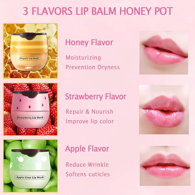 3 PCS Bee Lip Mask Lip Balm Honey Pot, Strawberry & Honey Lip Sleeping Mask Hydrating Prevention Dry and Cracked Lip Scrubs Exfoliator,Lip Mask Overnight Reduces Lip Lines-Velvo Beauty