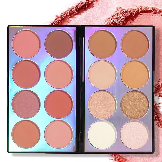 16 Colors Blush Contour Highlighter Makeup Palette with Brush, Shimmer Matte Mineral Face Blush Powder for Cheek, All in One Face Sculpting Bronzer Blusher Illuminator Concealer Palette-Velvo Beauty