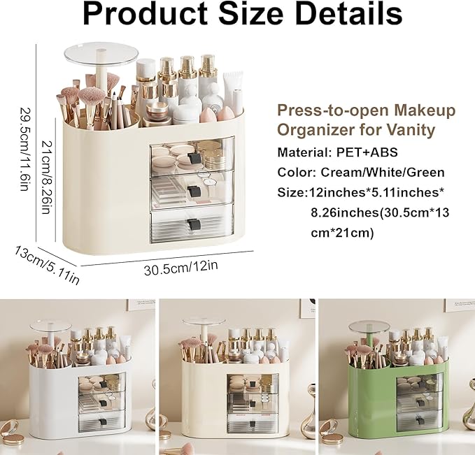 DASITON Makeup Organizer with 3 Drawers,Automatic Lifting Makeup Brush Holder with Lid,Large Capacity Makeup Organizers for Vanity,Bathroom Countertop,Ideal Storage Skin Care,Brushes,Lipstick (Cream)-Velvo Beauty