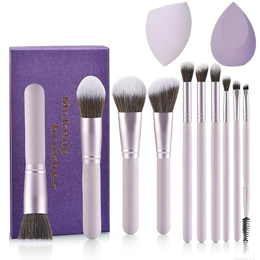 Gift Ready 10 Piece Purple Makeup Brushes Set and 2 Piece Makeup Sponge – Wooden Handle with Soft Synthetic Bristles, Concealer, Powder – (Ideal for Christmas, Birthday, Women)-Velvo Beauty