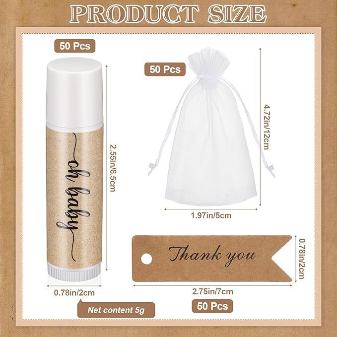 50 Sets Baby Shower Lip Balm Favor with Thank You Tags and Organza Bags, Lip Balm Bulk Baby Shower Gifts for Guests Prizes Gender Reveal Souvenirs Neutral Birthday Supplies-Velvo Beauty