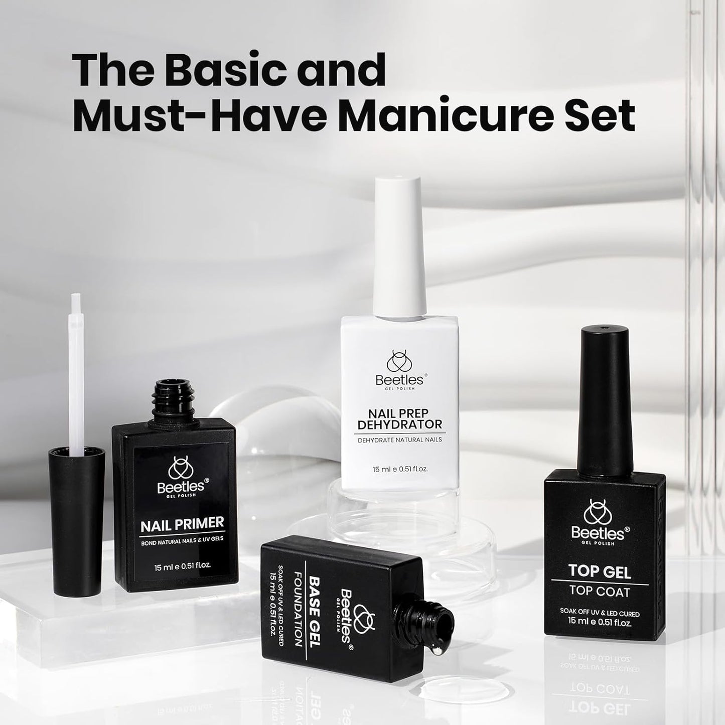 Beetles 4Pcs Gel Top Coat and Base Coat with Nail Dehydrator and Primer Set - Acid-Free & Hema-Free Nail Bond for Gel Polish & Acrylic Nails, Long-Lasting for Professional Manicure Prep Kit-Velvo Beauty