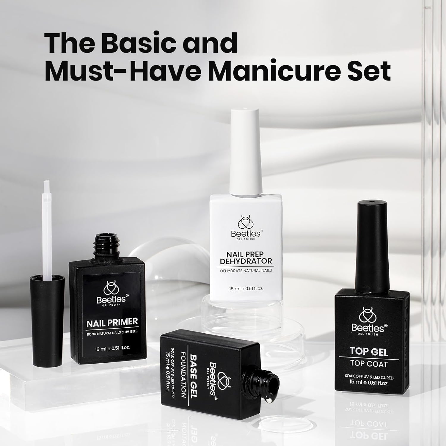 Beetles 4Pcs Gel Top Coat and Base Coat with Nail Dehydrator and Primer Set - Acid-Free & Hema-Free Nail Bond for Gel Polish & Acrylic Nails, Long-Lasting for Professional Manicure Prep Kit-Velvo Beauty