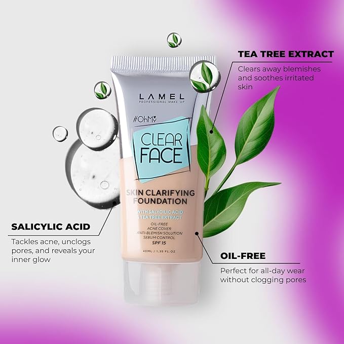 LAMEL OhMy Clear Face Full Coverage Foundation - Acne Coverage - Salicylic Acid & Tea Tree Extract - Dewy & Flawless Finish - Sensitive Skin Care - Organic & Oil-Free - 402, 1.35 fl.oz-Velvo Beauty