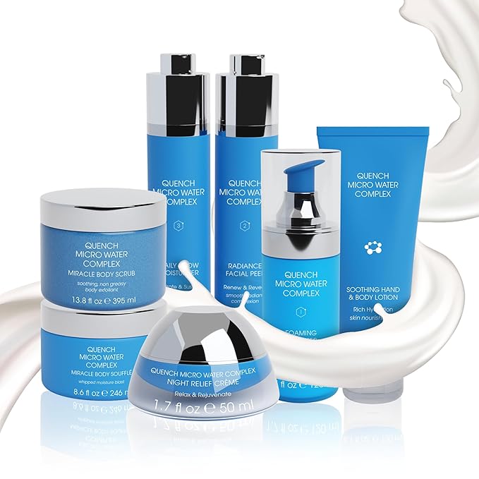 Quench 7 Piece Skincare Set - Japanese Onsen Volcanic Hydration and Anti Aging Skin Care Set with Cleanser, Facial Peel, Moisturizer, Night Cream-Velvo Beauty