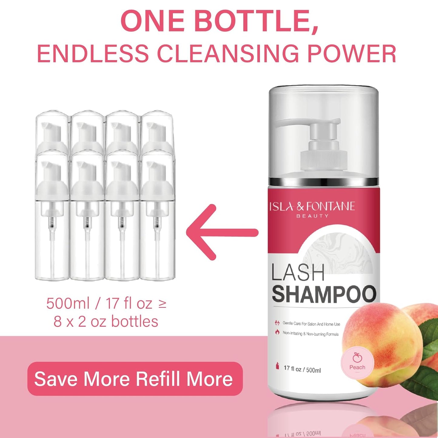 ISLA & FONTANE Lash Shampoo Bulk – Multi-Scent Series – 17 fl oz / 500ml | Gentle Eyelash Cleanser for Lash Extensions | Non-Irritating | Professional Lash Bath Foam For Salon And Home Use (Peach)-Velvo Beauty