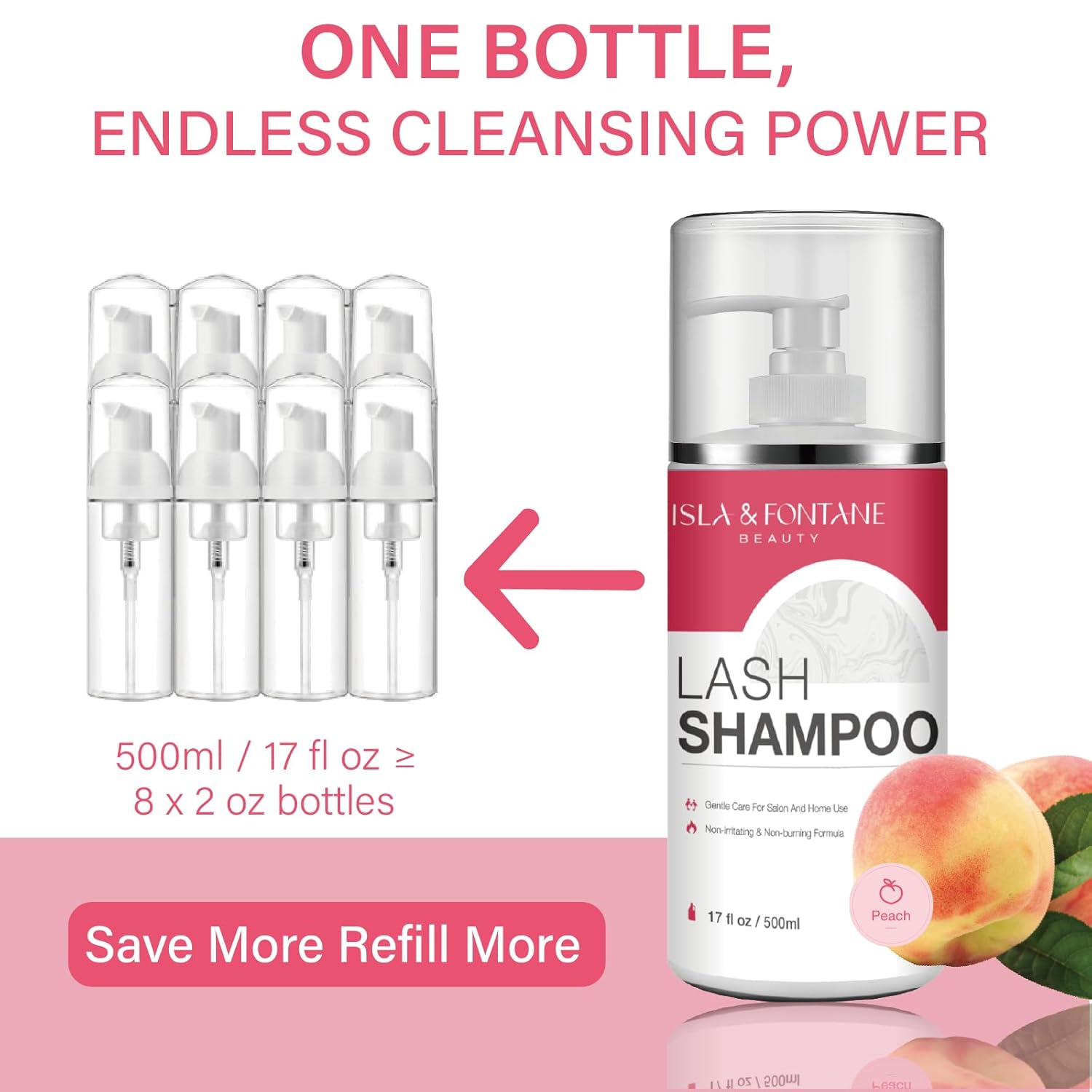ISLA & FONTANE Lash Shampoo Bulk – Multi-Scent Series – 17 fl oz / 500ml | Gentle Eyelash Cleanser for Lash Extensions | Non-Irritating | Professional Lash Bath Foam For Salon And Home Use (Peach)-Velvo Beauty
