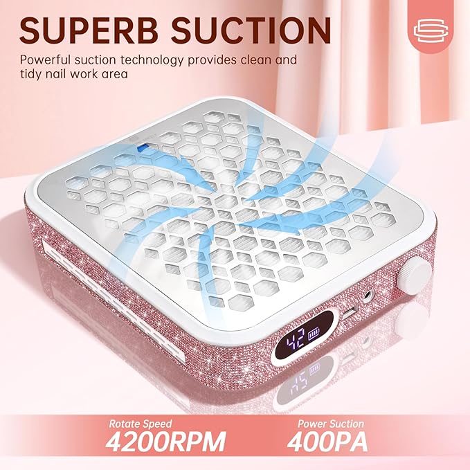 Nail Dust Collector, Rechargeable Dust Collector Nail Tech, Powerful Vacuum Fan Vent Dust Collector Extractor Dust Suction Machine for Acrylic Nails Polishing, Nail Salon&Home, Pink-Velvo Beauty