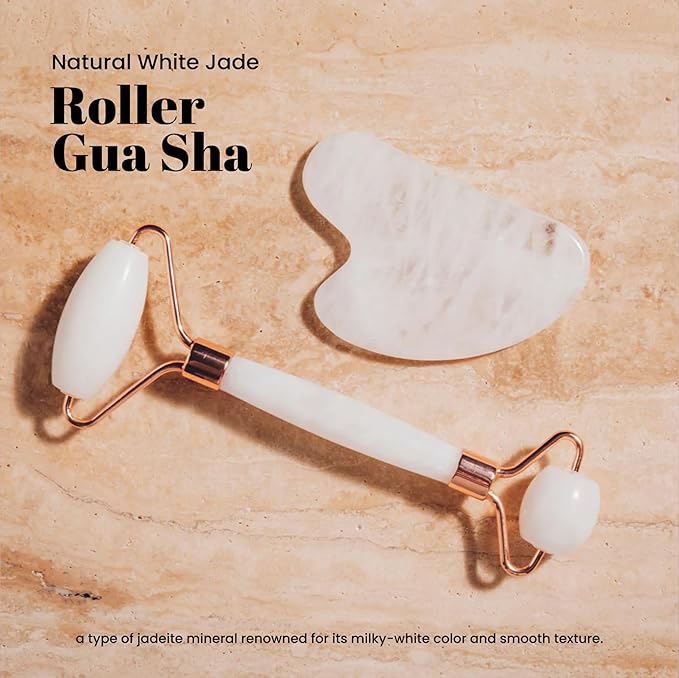 ROSELYNBOUTIQUE Gua Sha Facial Tools & Face Roller for Wrinkless Natural Skincare Tool Jade Roller Guasha Tool for Face Facial Massager (White Jade)-Velvo Beauty