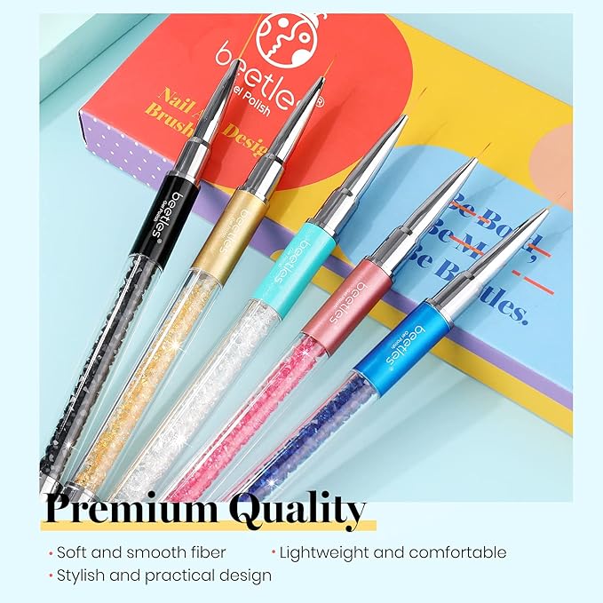 Beetles Gel Polish Nail Art Liner Brushes 5Pcs Painting Art Design Pen Set Diamond Application Rhinestone Handle Dotting Drawing Sizes 5 7 9 11 20mm Nail Design Gift for Women-Velvo Beauty