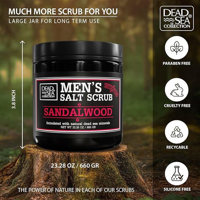 Salt Body Scrub Sandalwood For Men – Moisturizes, Exfoliates & Nourishes Skin – Cleanses & Detoxifies with Dead Sea Minerals - Dead Sea Collection – 23.28 OZ-Velvo Beauty