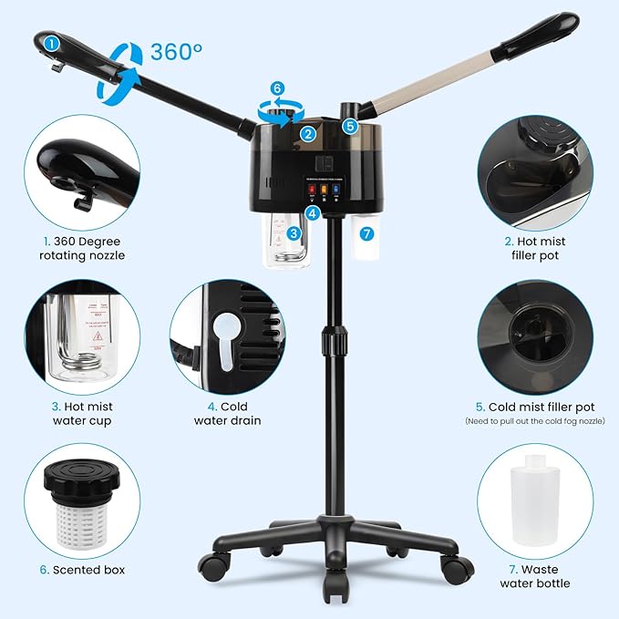 Professional Facial Steamer, Hot&Cold Mist Facial Steamer, Facial Humidifier on Wheels, Esthetician Steamer for Facial Deep Cleaning and Moisturize, Suitable for Spa, Salon and at Home Use-Velvo Beauty