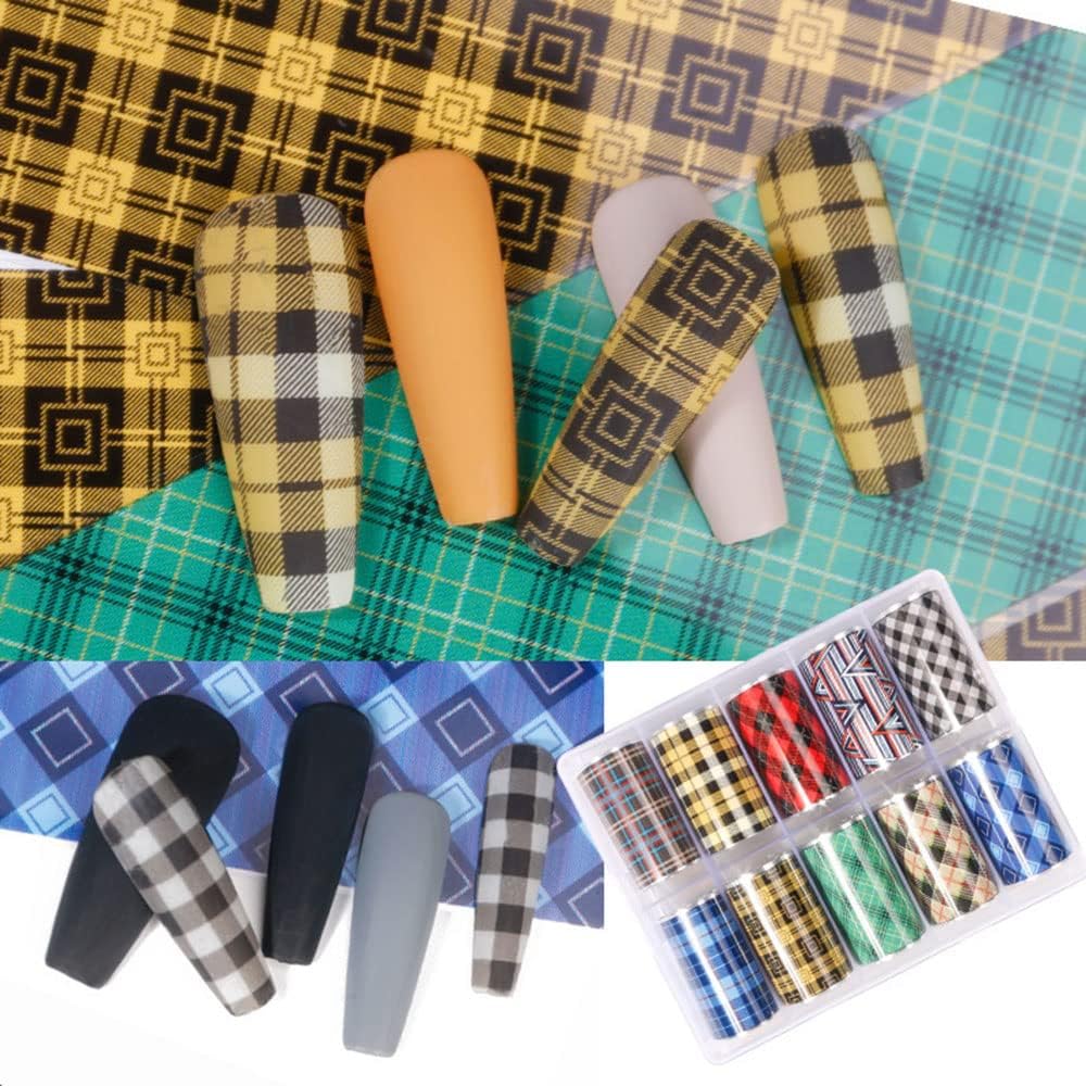 10 Colors Buffalo Plaid Nail Art Foils Christmas Nail Transfer Stickers Supplies Buffalo Plaid Design Nail Decal Tips Wraps Adhesive Glitters Acrylic DIY Nail Decoration-Velvo Beauty